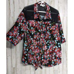 Cato 22 24 Plus Top Black Floral Button Front Tie NWT Semi Sheer Romantic